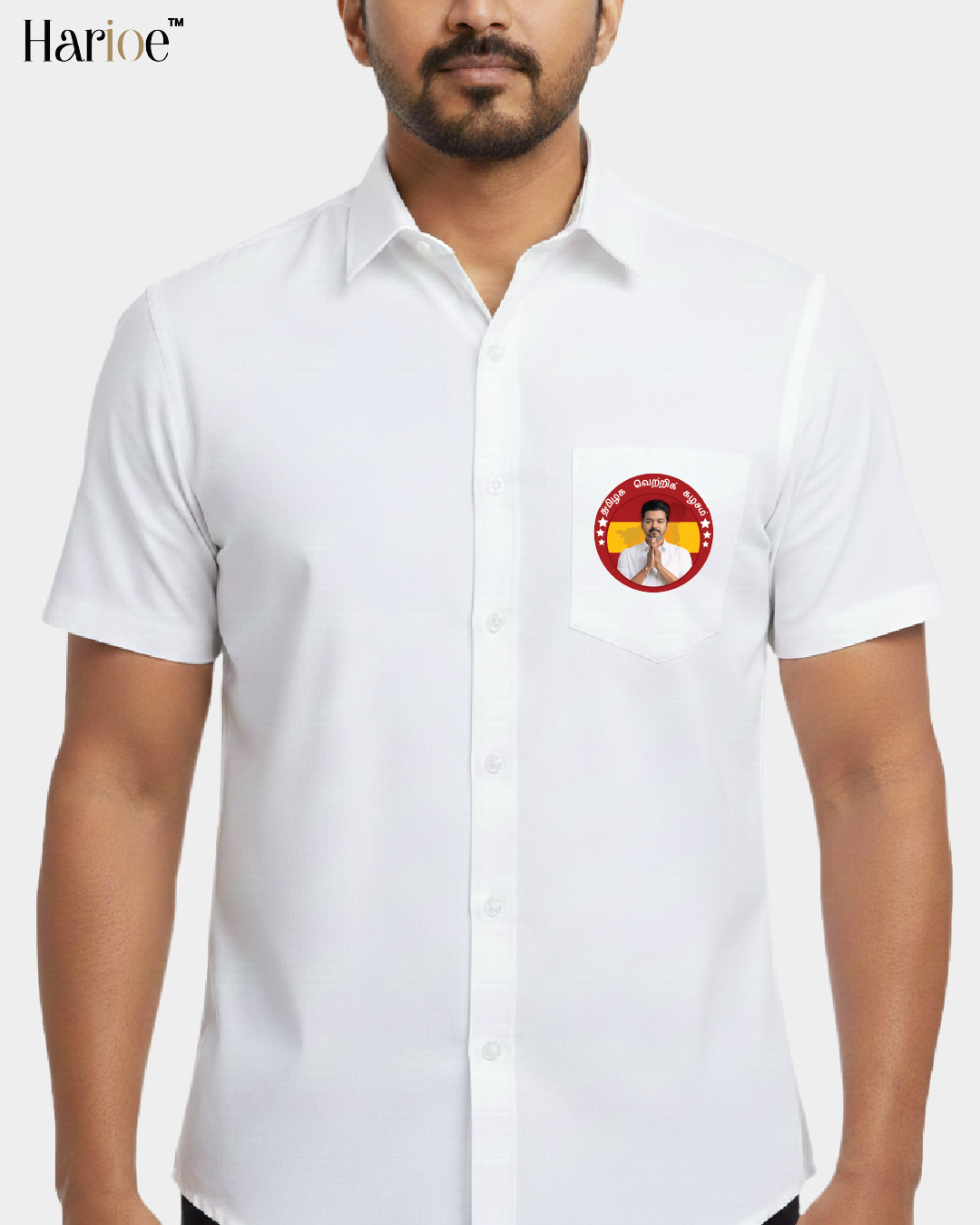 HARIOE Presents TVK Vijay Shirt in Pure White Cotton – Premium Half Hand Fan Edition