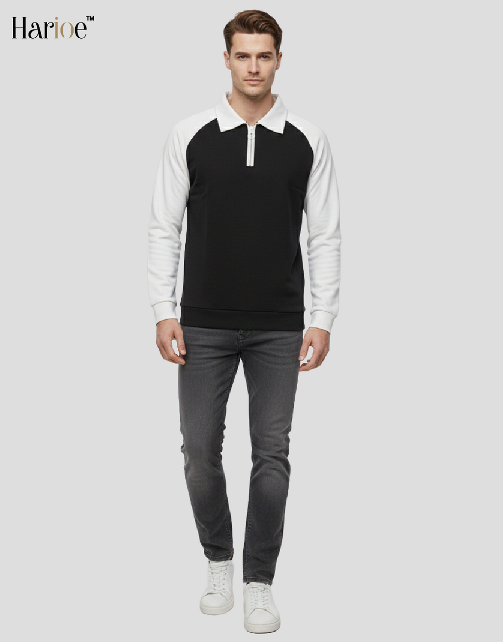 Men Full Sleeve Raglon Polo Zipper Sweatshirt - HARIOE