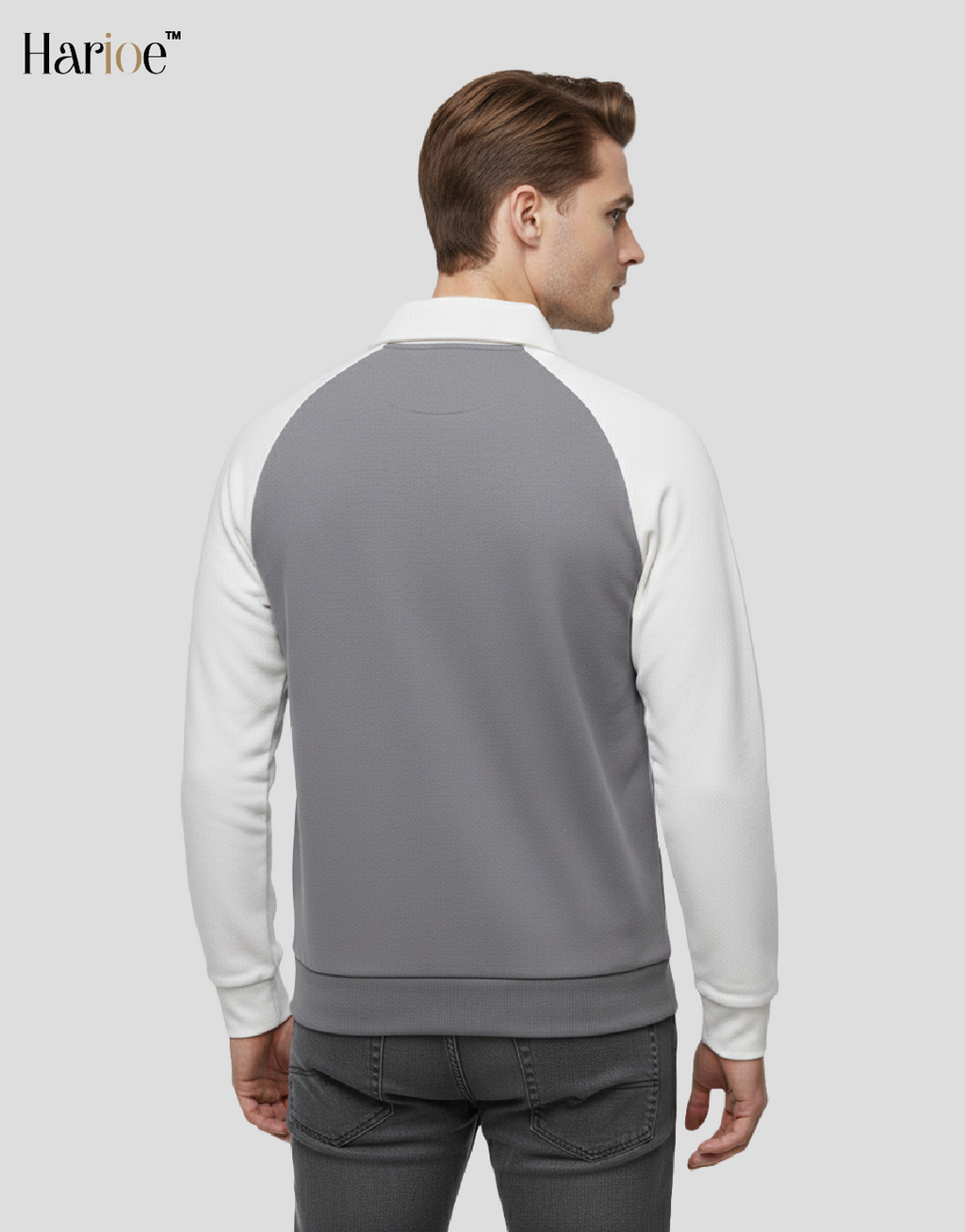 Men Full Sleeve Raglon Polo Zipper Grey Sweatshirt - HARIOE