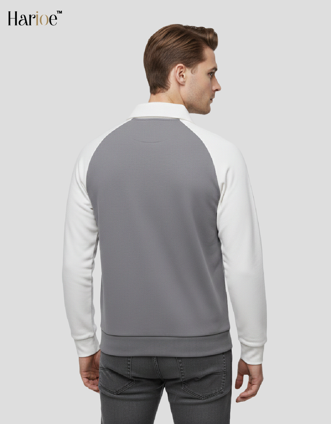 Men Full Sleeve Raglon Polo Zipper Grey Sweatshirt - HARIOE