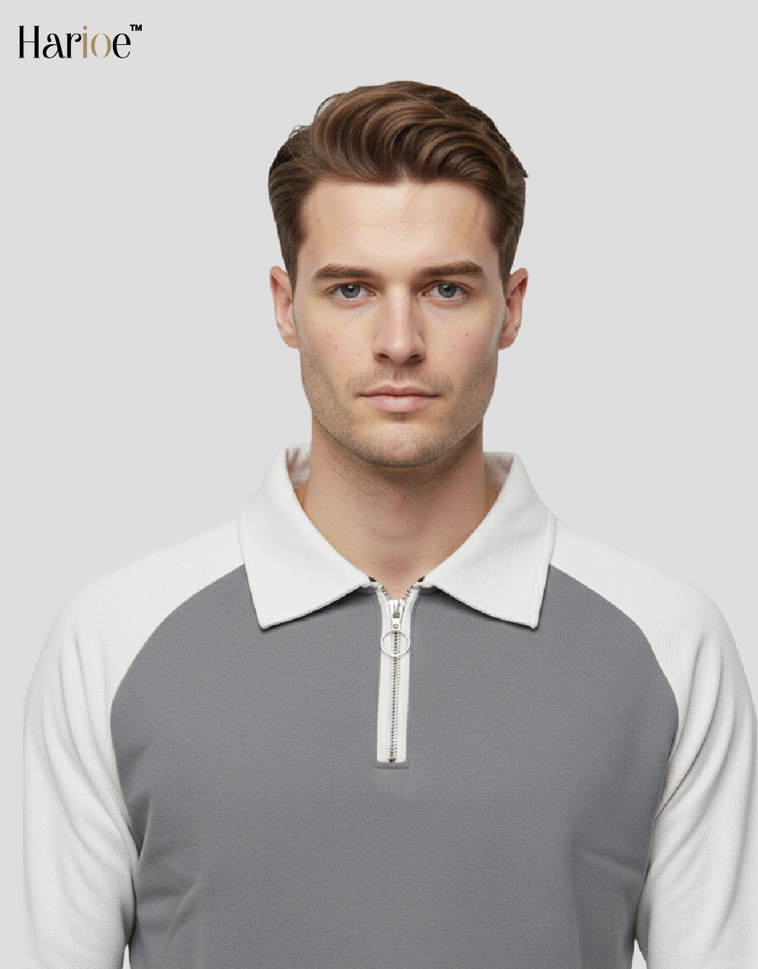 Men Full Sleeve Raglon Polo Zipper Grey Sweatshirt - HARIOE