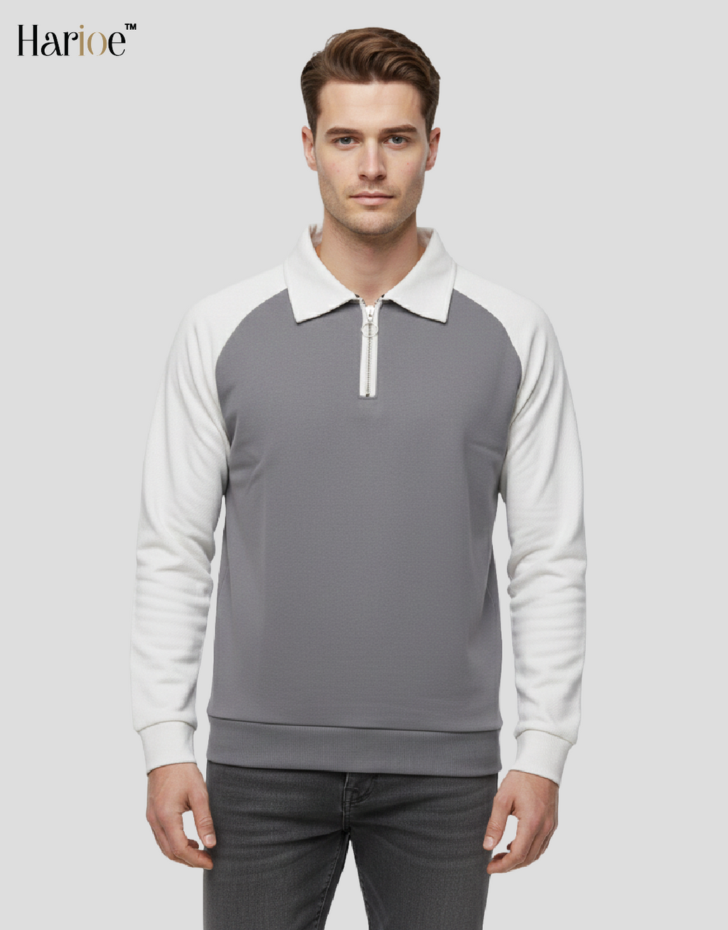 Men Full Sleeve Raglon Polo Zipper Grey Sweatshirt - HARIOE