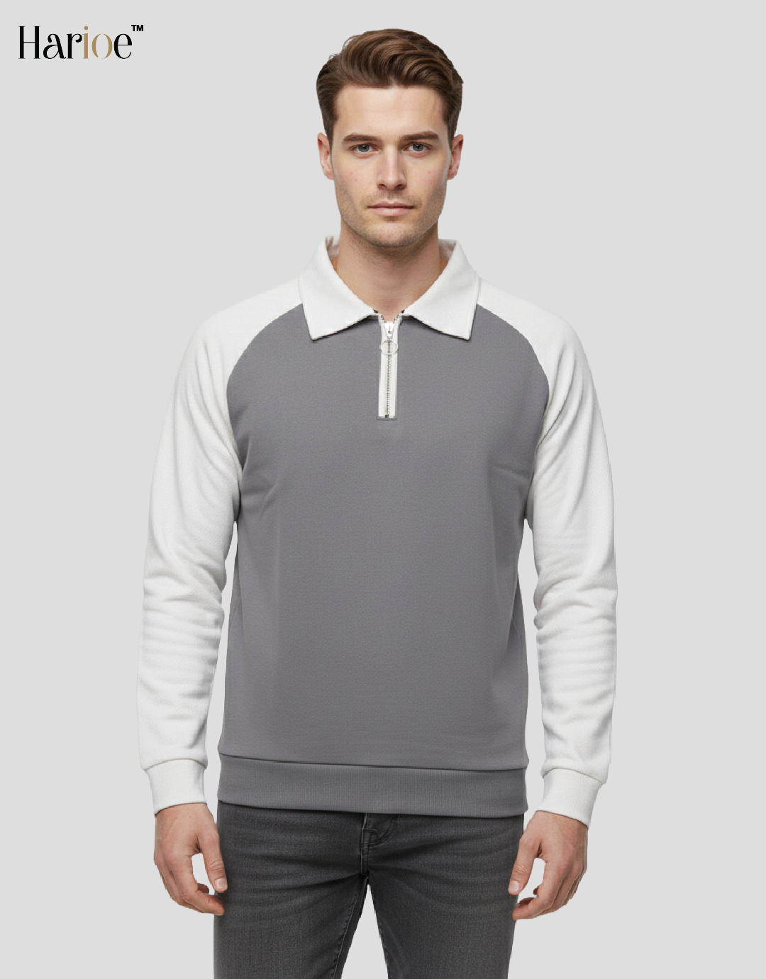 Men Full Sleeve Raglon Polo Zipper Grey Sweatshirt - HARIOE