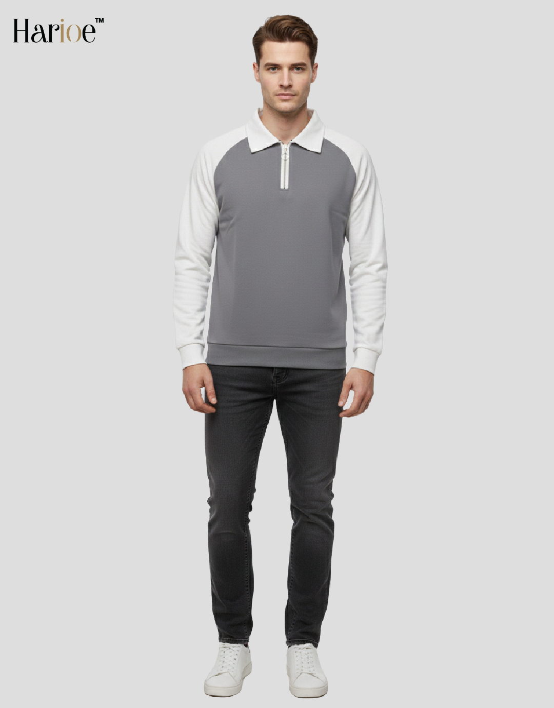 Men Full Sleeve Raglon Polo Zipper Grey Sweatshirt - HARIOE