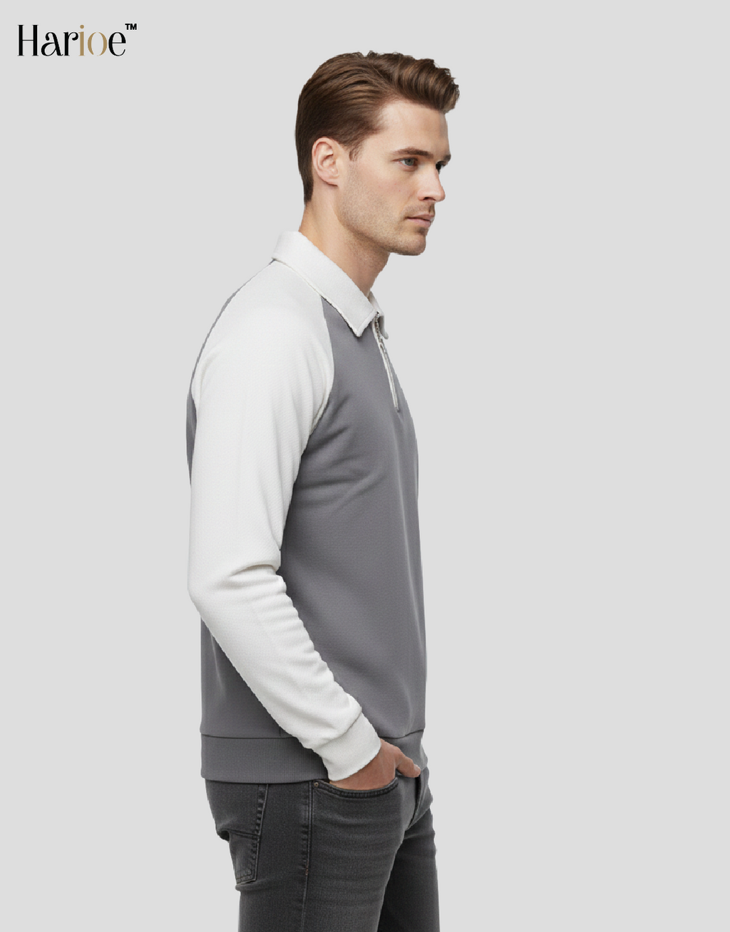 Men Full Sleeve Raglon Polo Zipper Grey Sweatshirt - HARIOE